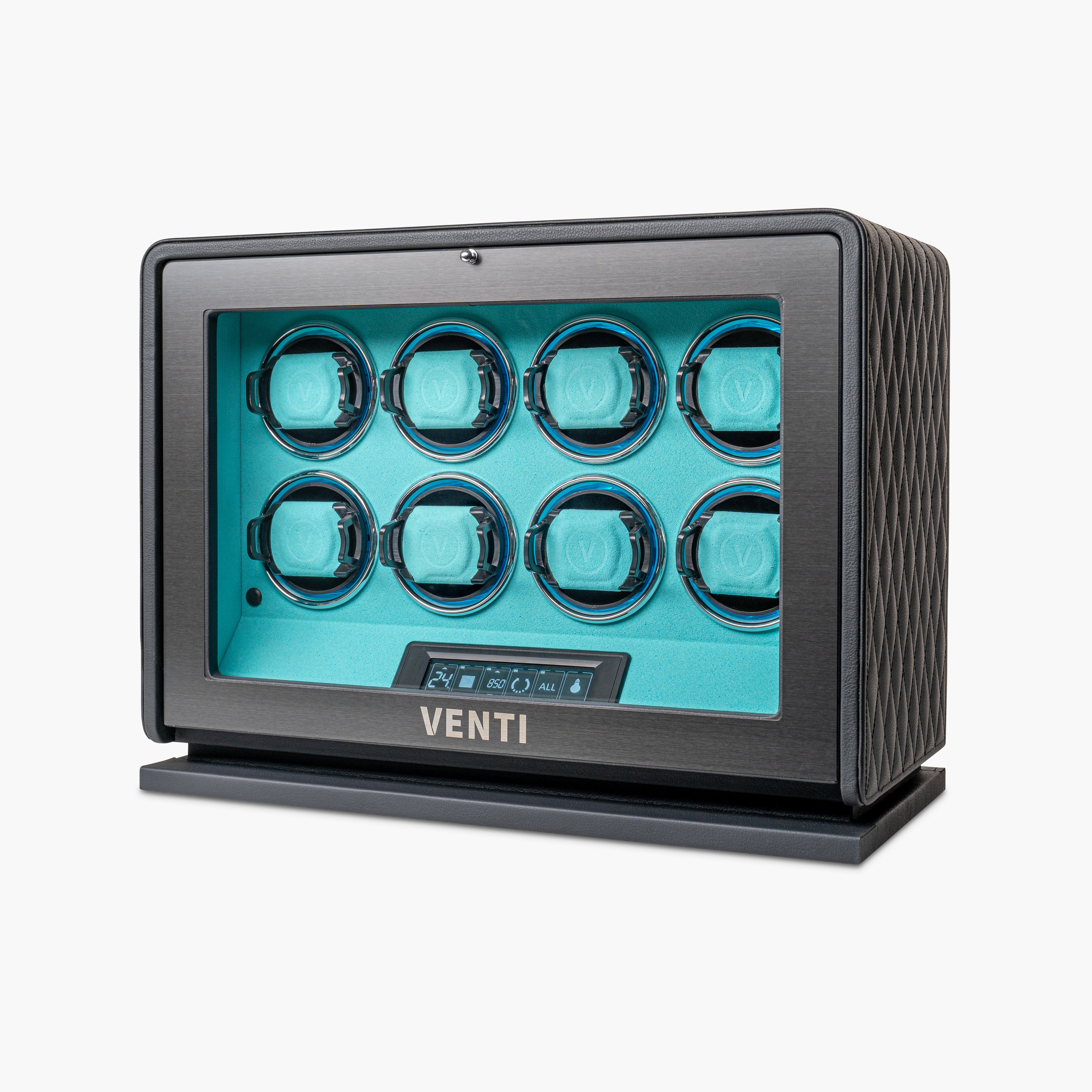 Venti Eight Watch Winder Black Leather Aqua - Angled
