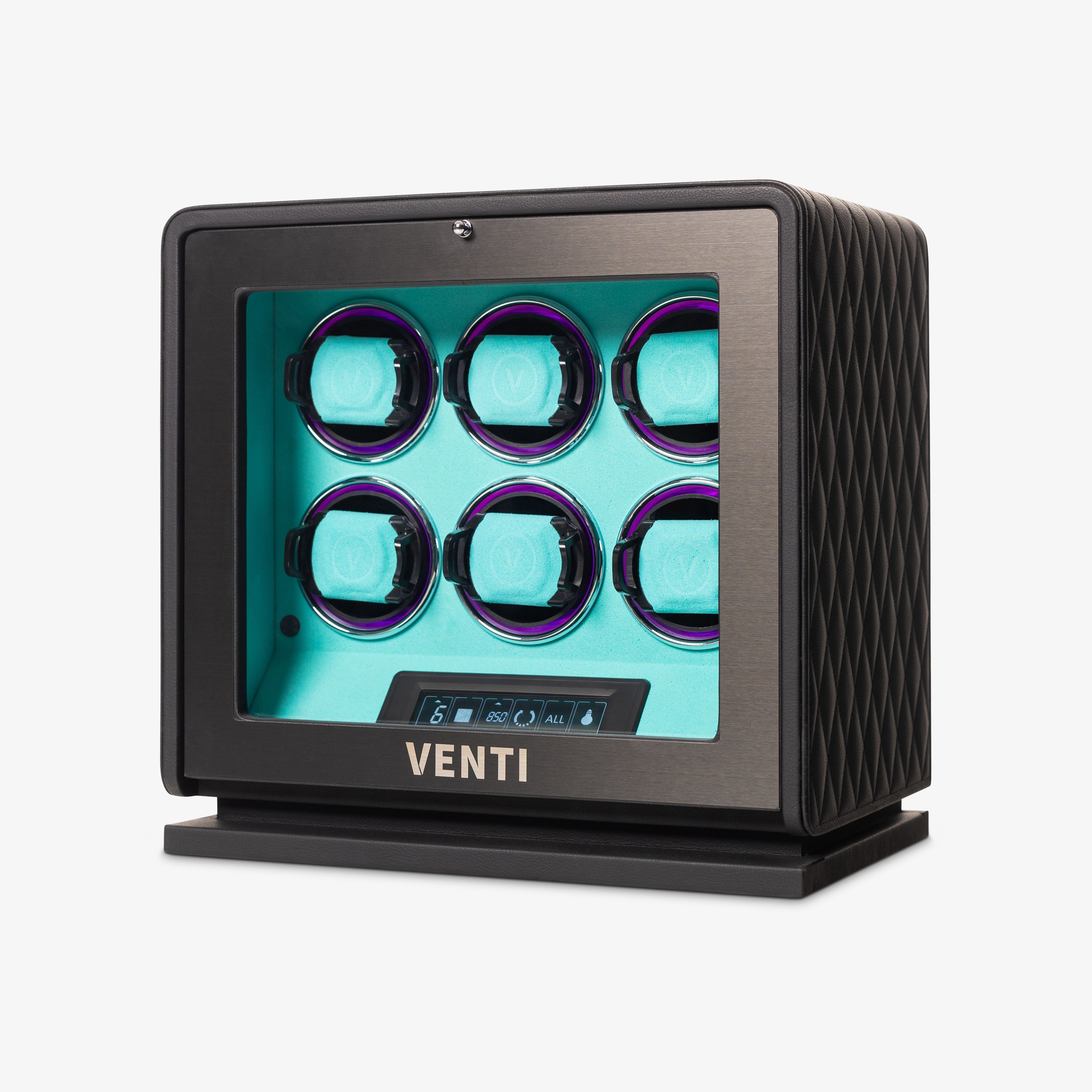 Venti Six Watch Winder in Black Leather Aqua - Angled