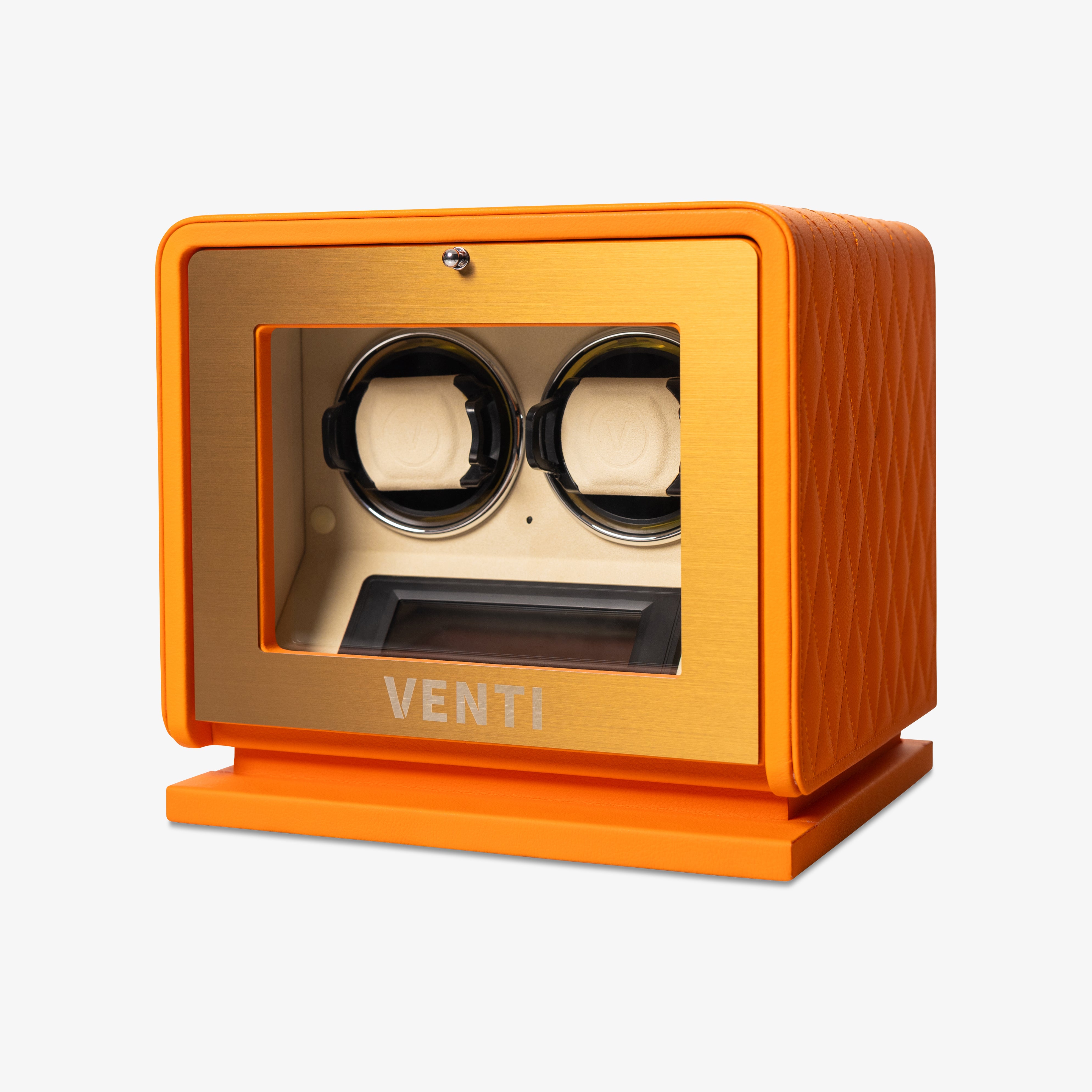 Venti Double Watch Winder in Orange Leather - Angled