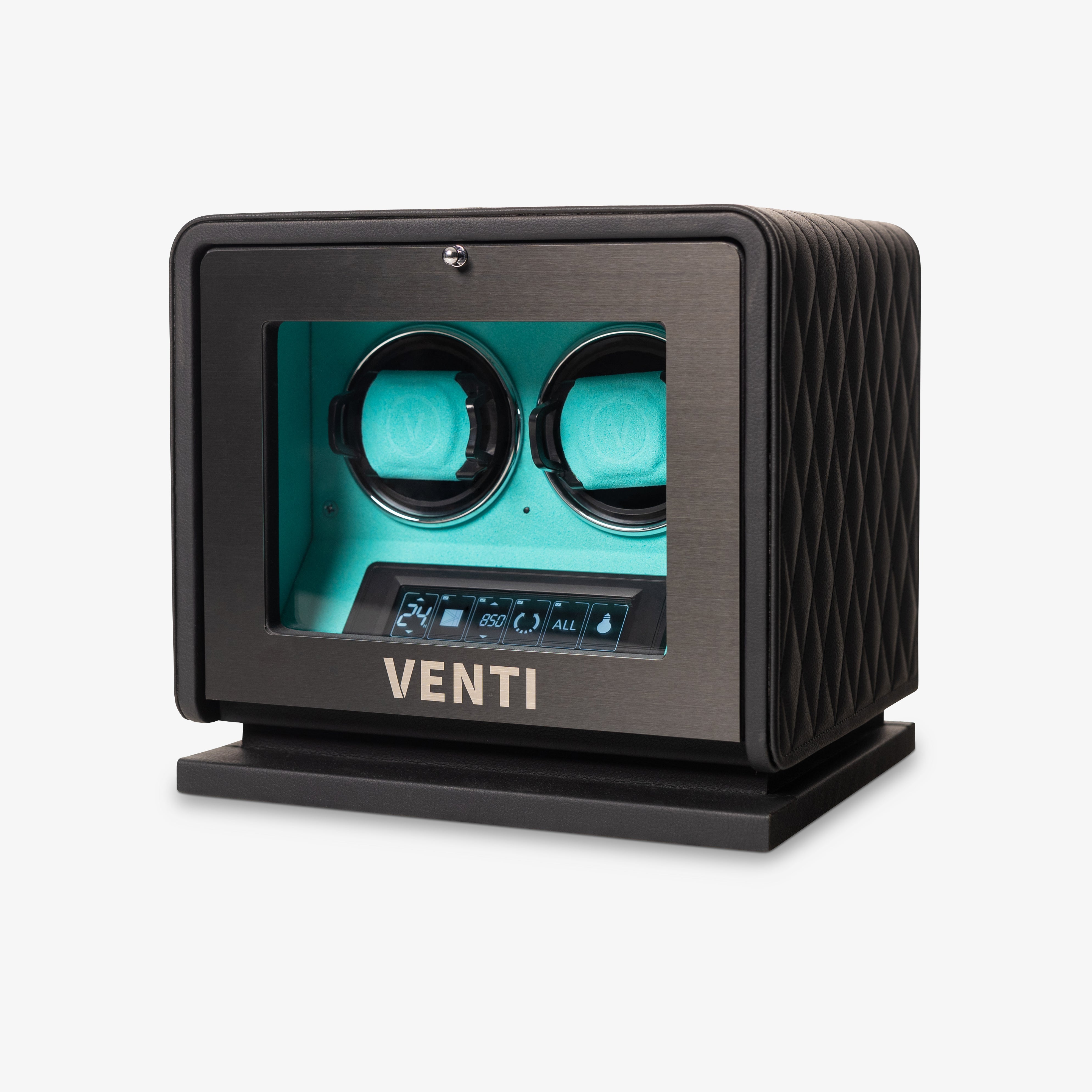Venti Double Watch Winder in Black Leather Aqua - Angled