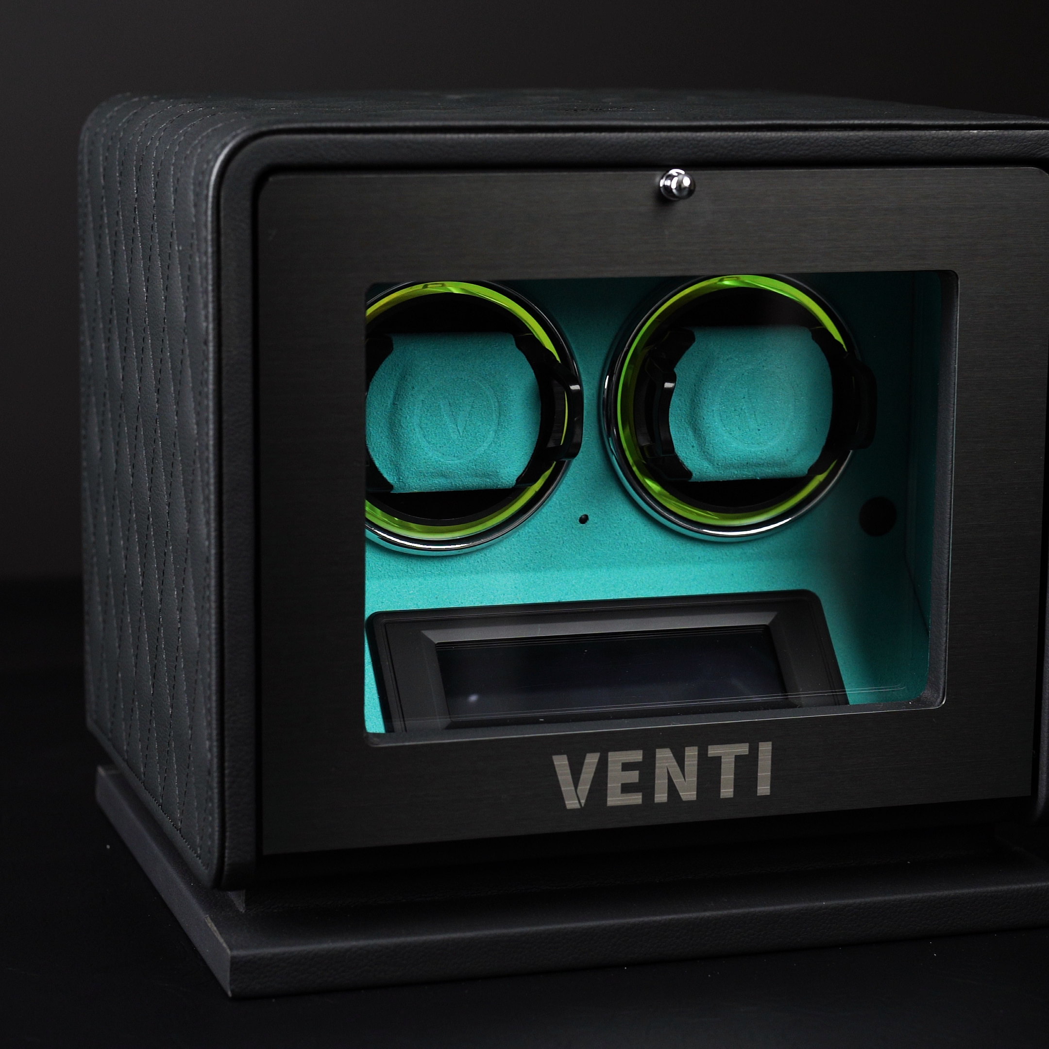 Venti Double Watch Winder Black Leather Aqua - Contrast