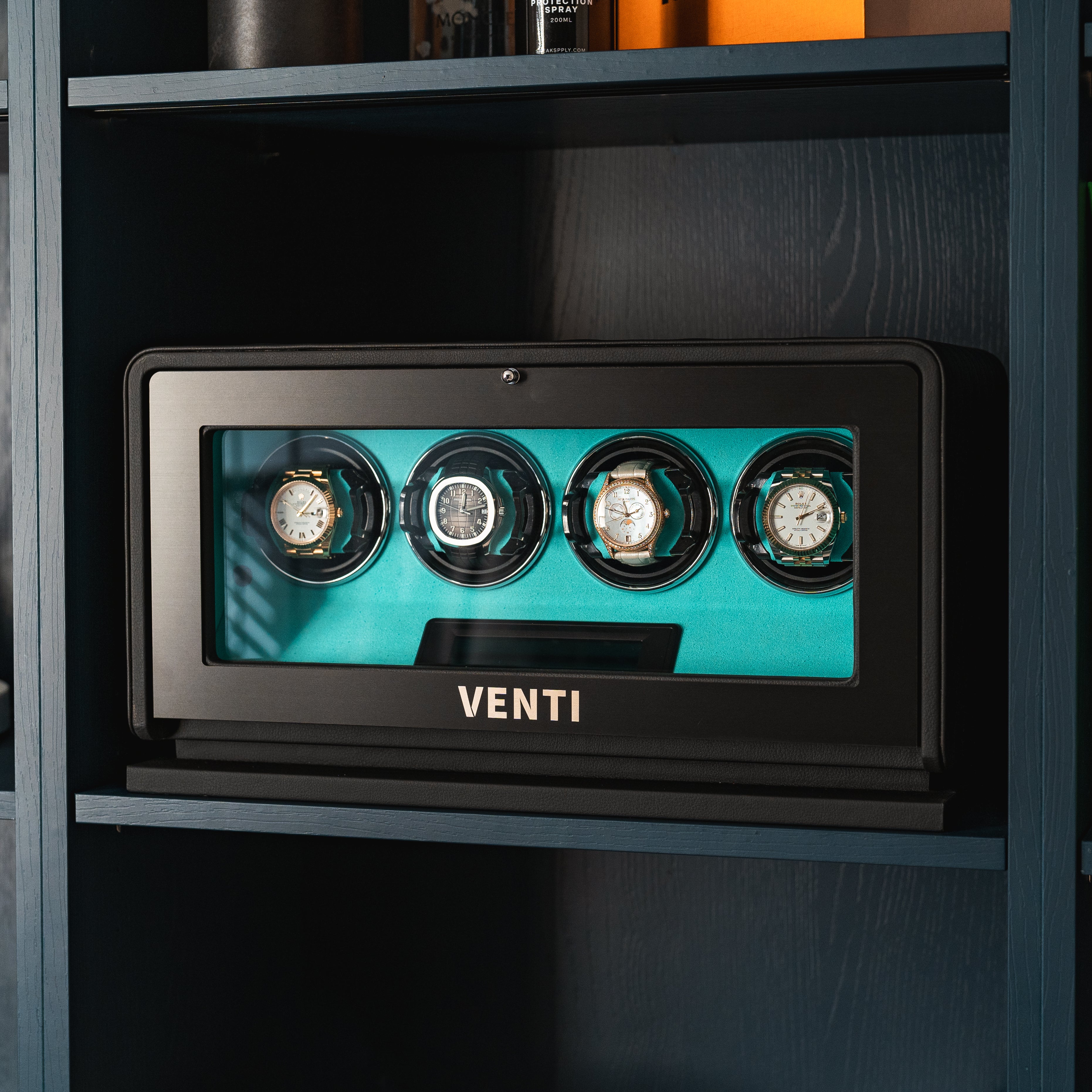 Venti Quad Watch Winder Black Leather Aqua - Lifestyle