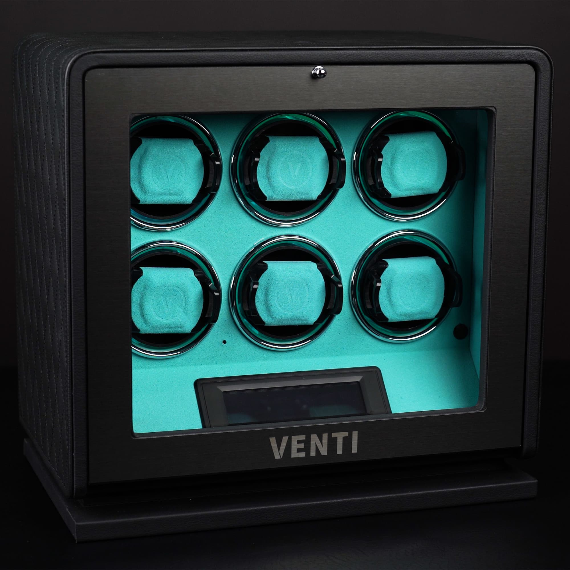 Venti Six Watch Winder Black Leather Aqua - Contrast