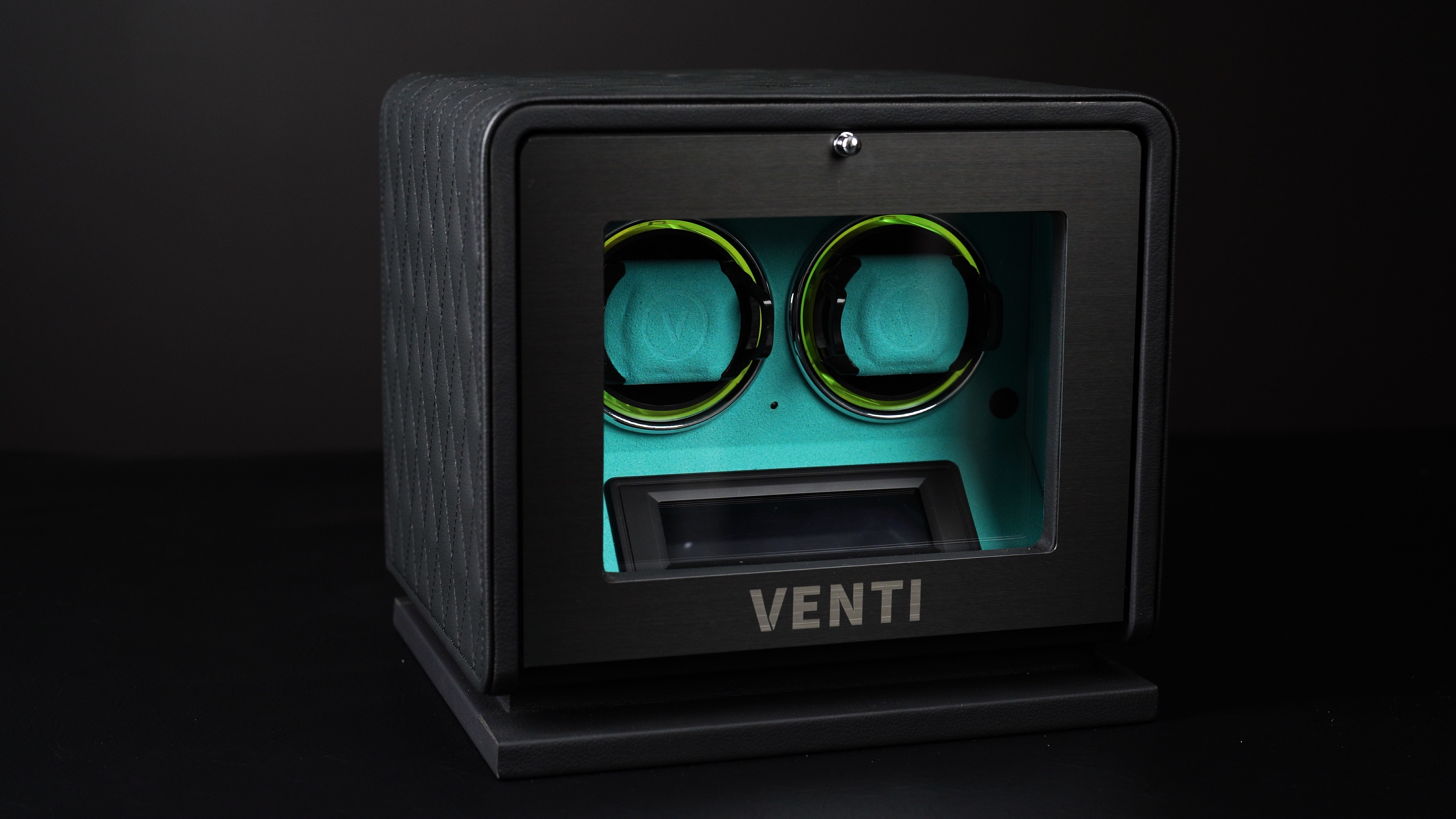 Venti Double Watch Winder Black Leather Aqua - Contrast