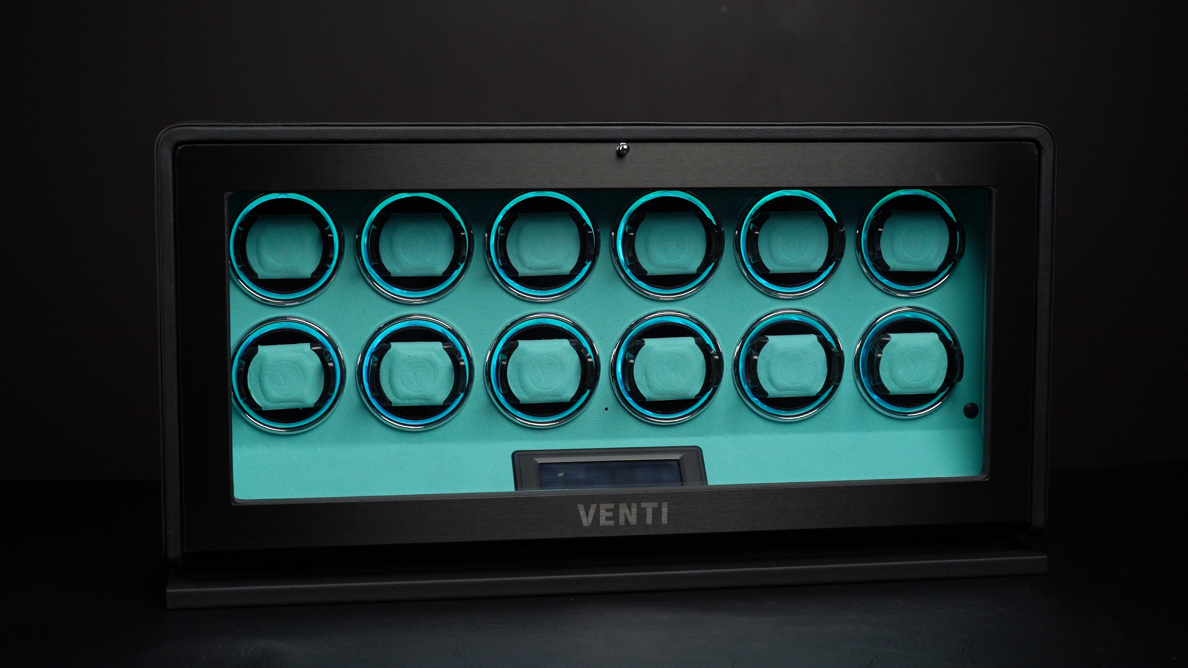 Venti Twelve Watch Winder in Black Leather Aqua - Showcase Video